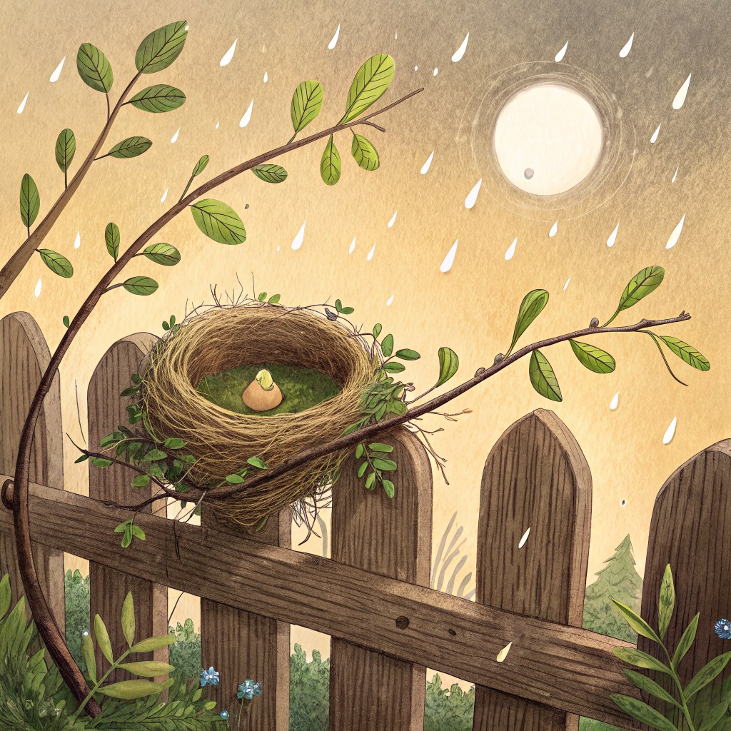 A small round bird's nest made of twigs and soft moss tucked by a wooden fence, with raindrops beginning to fall around 