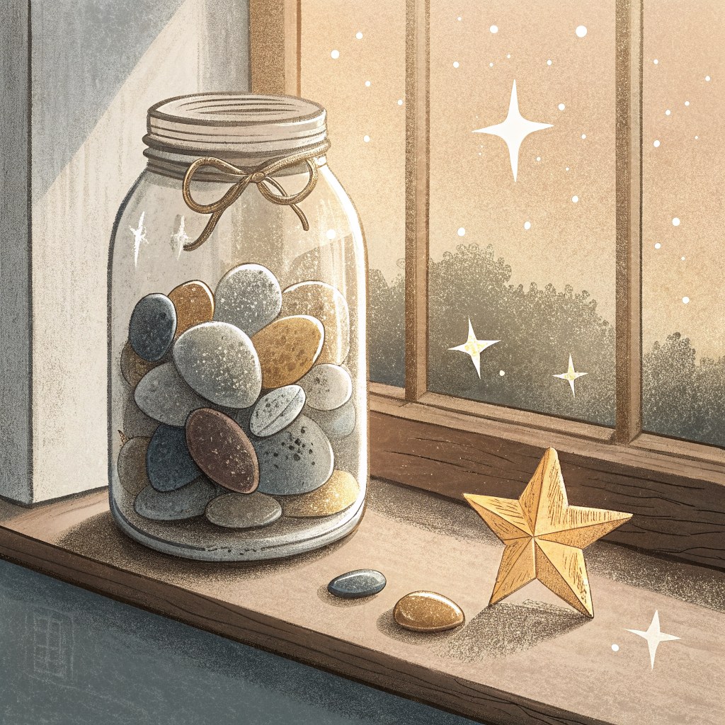 A glass jar filled with shiny things—smooth pebbles, a gleaming button, and a tiny foil star—sparkling and catching the 