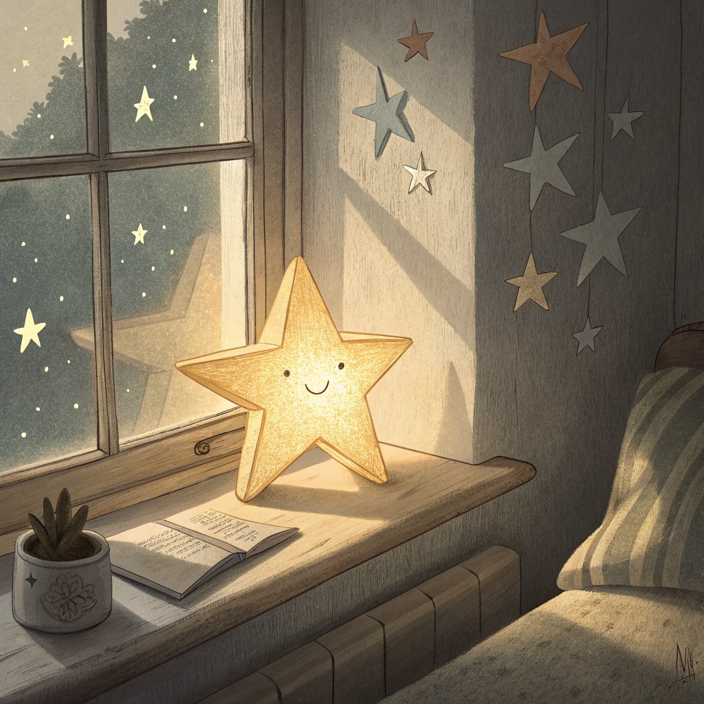 A small star-shaped night-light glowing warm gold on a windowsill, casting soft pointed shadows on the wall of a cozy be