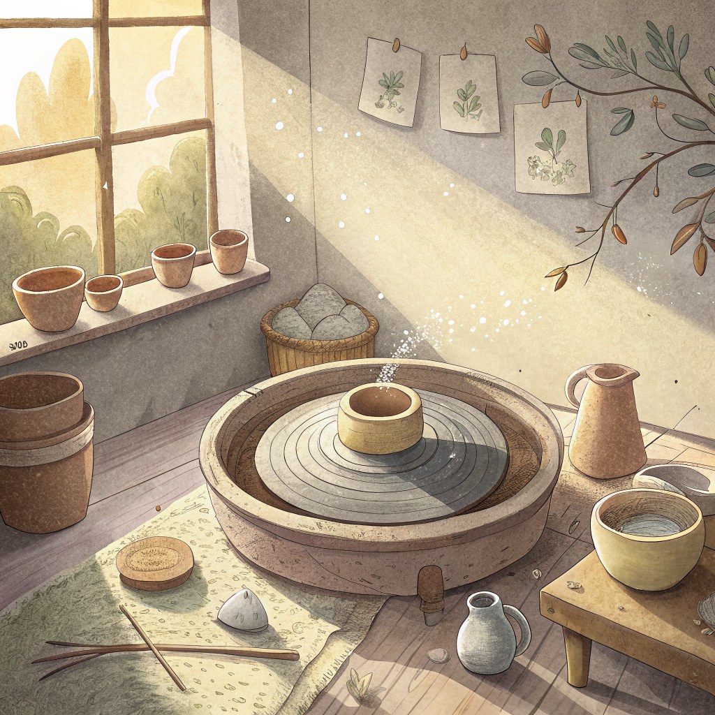 A pottery wheel with wet clay spinning on it in a sunlit studio, with soft music and bowls and cups nearby