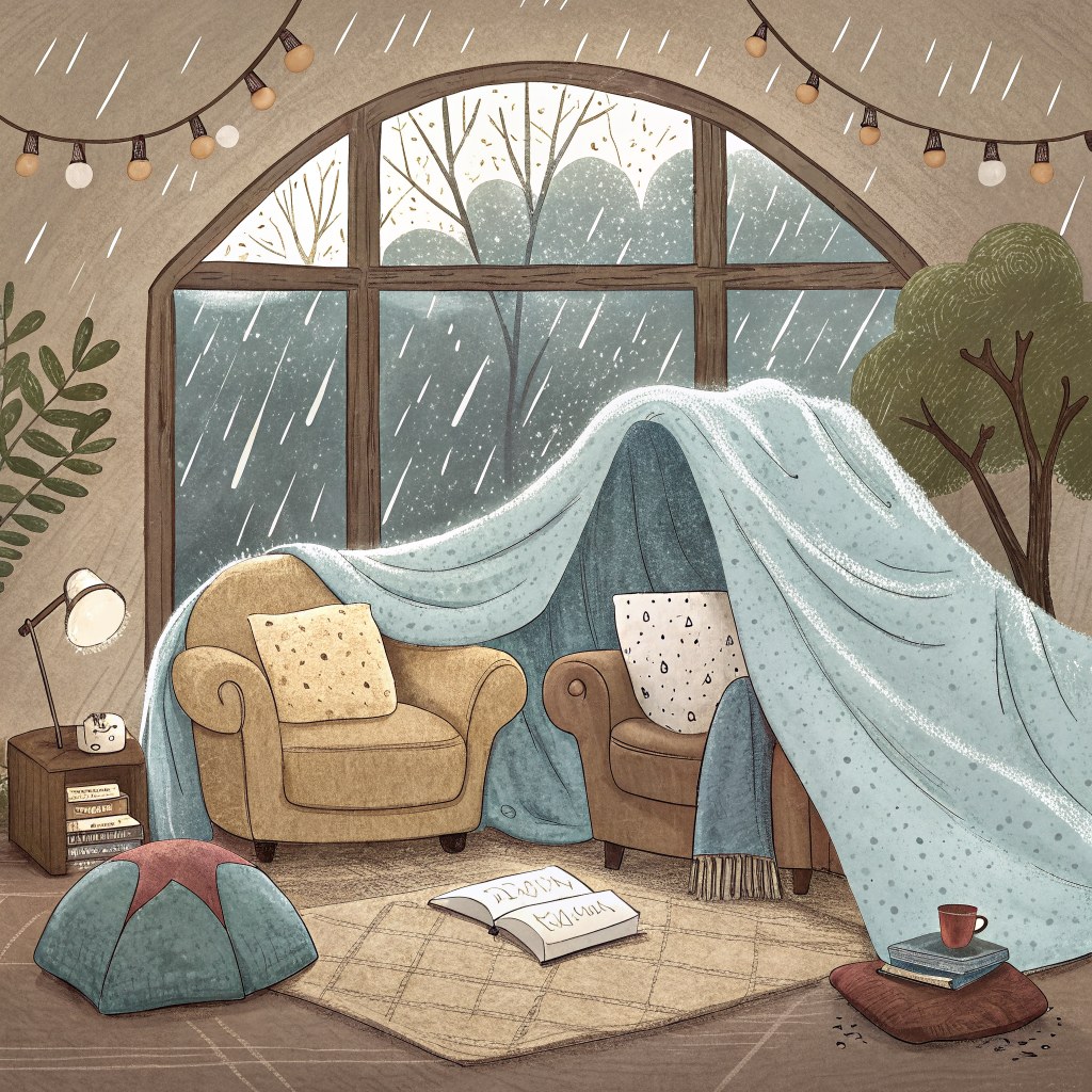 A cozy blanket fort made of pillows and a soft blue blanket draped over two chairs in a living room, rain visible on the