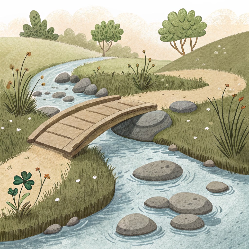 A small stream with smooth stones, where a simple bridge made of a flat rock in the middle and two long sticks connects 