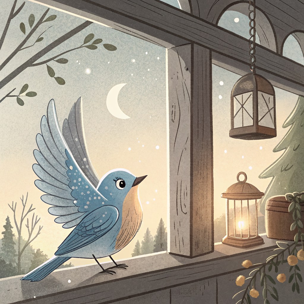 A small glass bluebird ornament with wings caught mid-flap sitting on a porch shelf, catching the evening sunlight