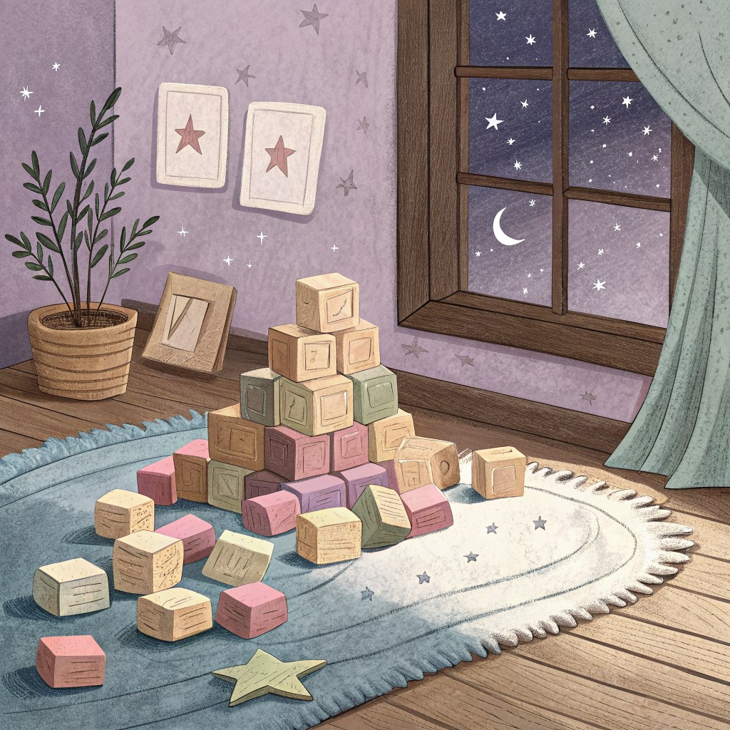 A colorful pile of scattered building blocks spilled across a wooden floor, with a soft rug and a window nearby showing 