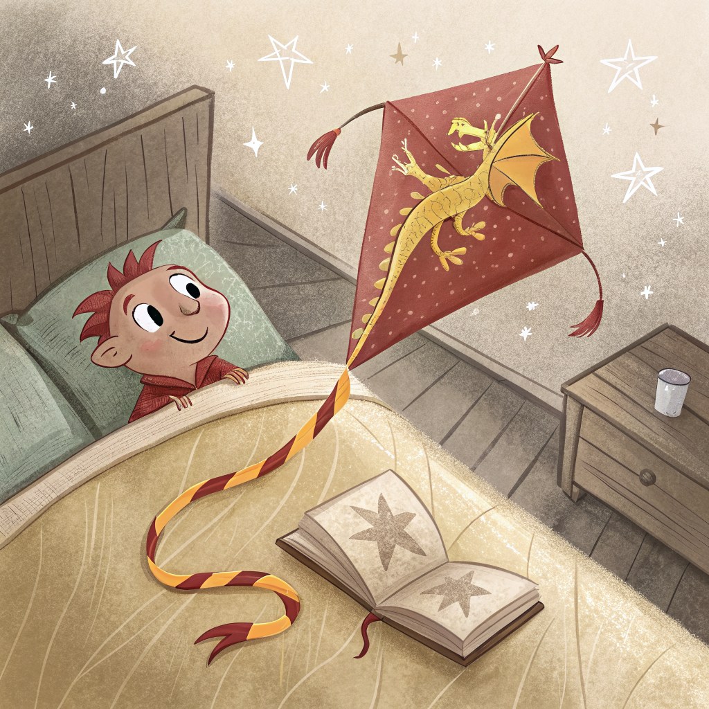 A homemade kite with a long tail of red and gold ribbons and a friendly dragon face painted on the front, lying on a bed