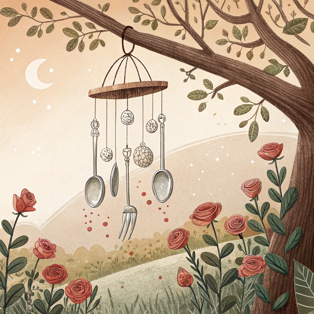 A crooked, clattery homemade wind chime made of mismatched silver spoons and bottle caps hanging from a garden branch, c