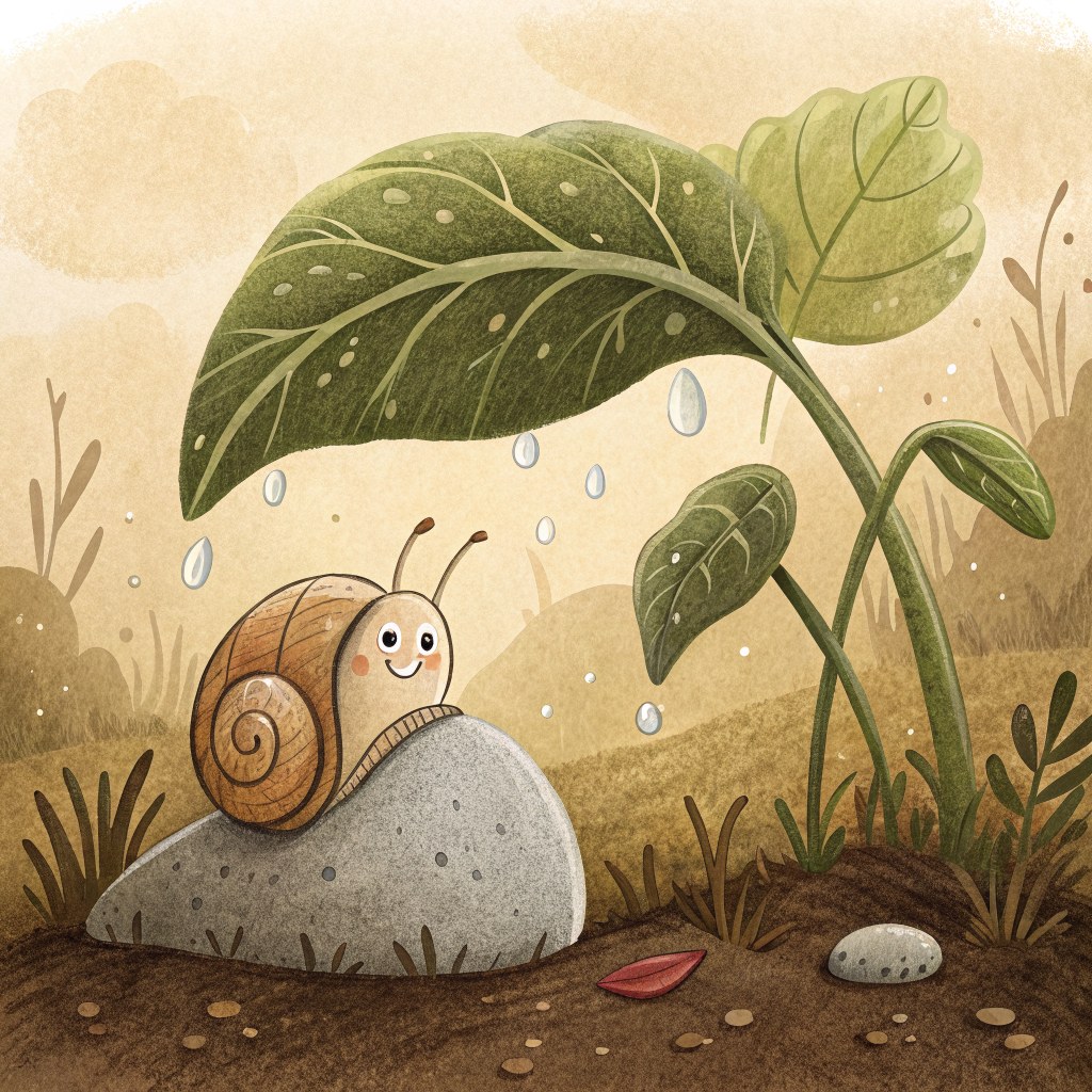 a tiny snail shell tucked beside a big leaf-roof and a smooth dry stone in the damp garden soil