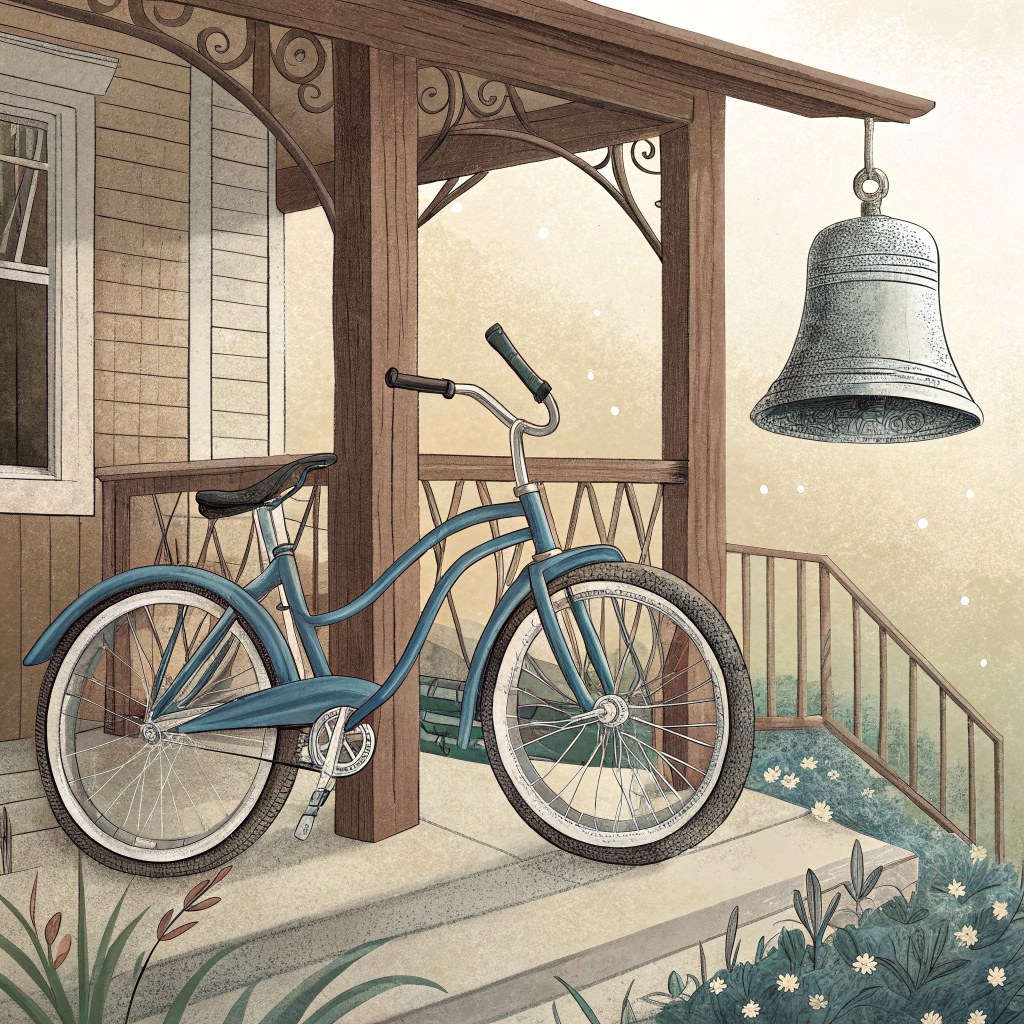 the big blue bike leaning against the porch, shiny and new, with its silver bell glinting