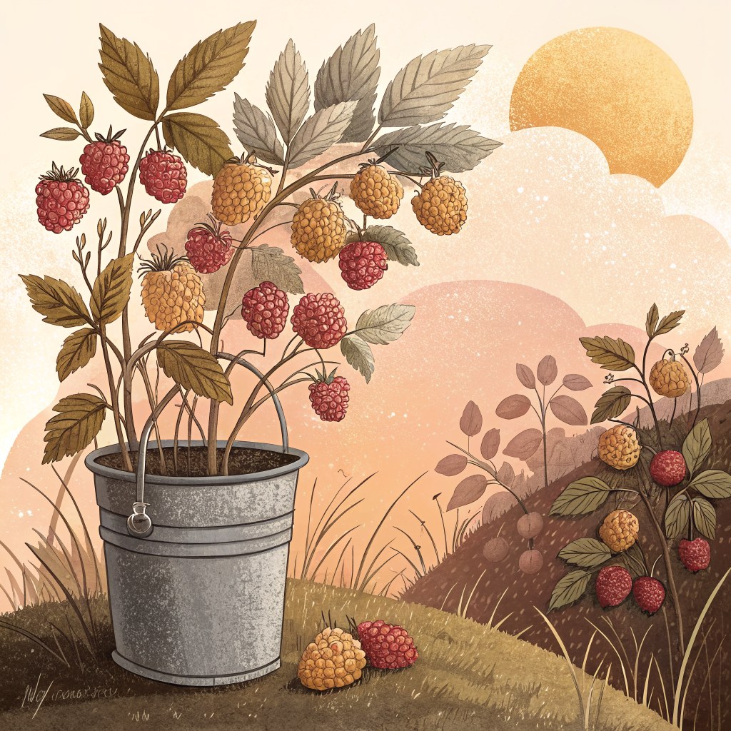 A small tin pail sitting beneath sunset-colored berry bushes, their leaves heavy with clusters of gold, pink, and dusty 