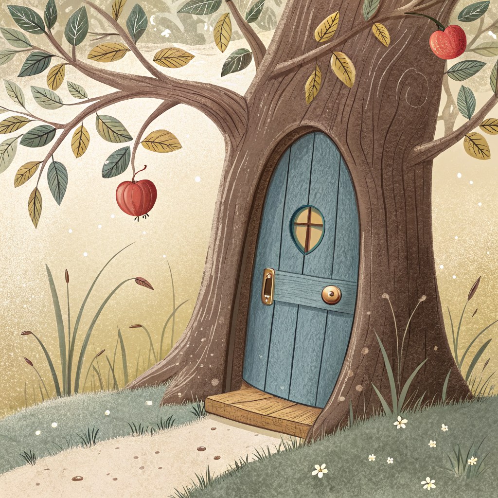 A tiny blue door with a golden handle at the base of an old apple tree