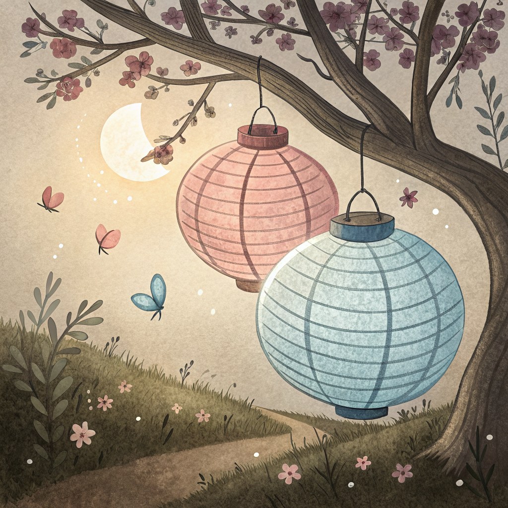 Two paper lanterns, one lopsided and one round, glowing warmly side by side on the low branch of the plum tree, soft blu