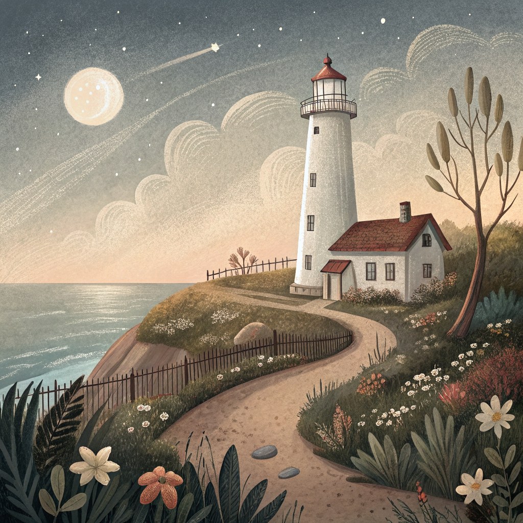 a tall white harbor lighthouse standing above a little cliffside garden by the sea at dusk