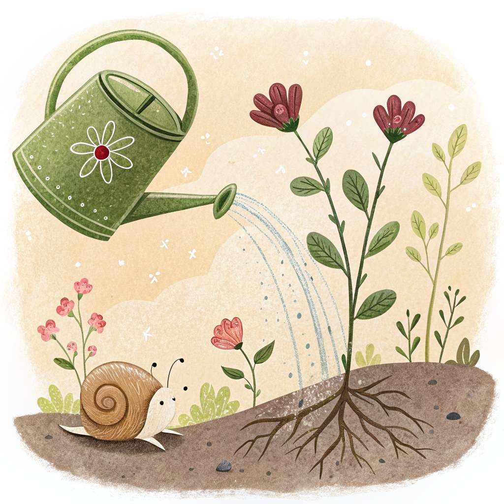 A little green watering can tipping water over the roots of flowers, with a snail resting nearby under a leaf