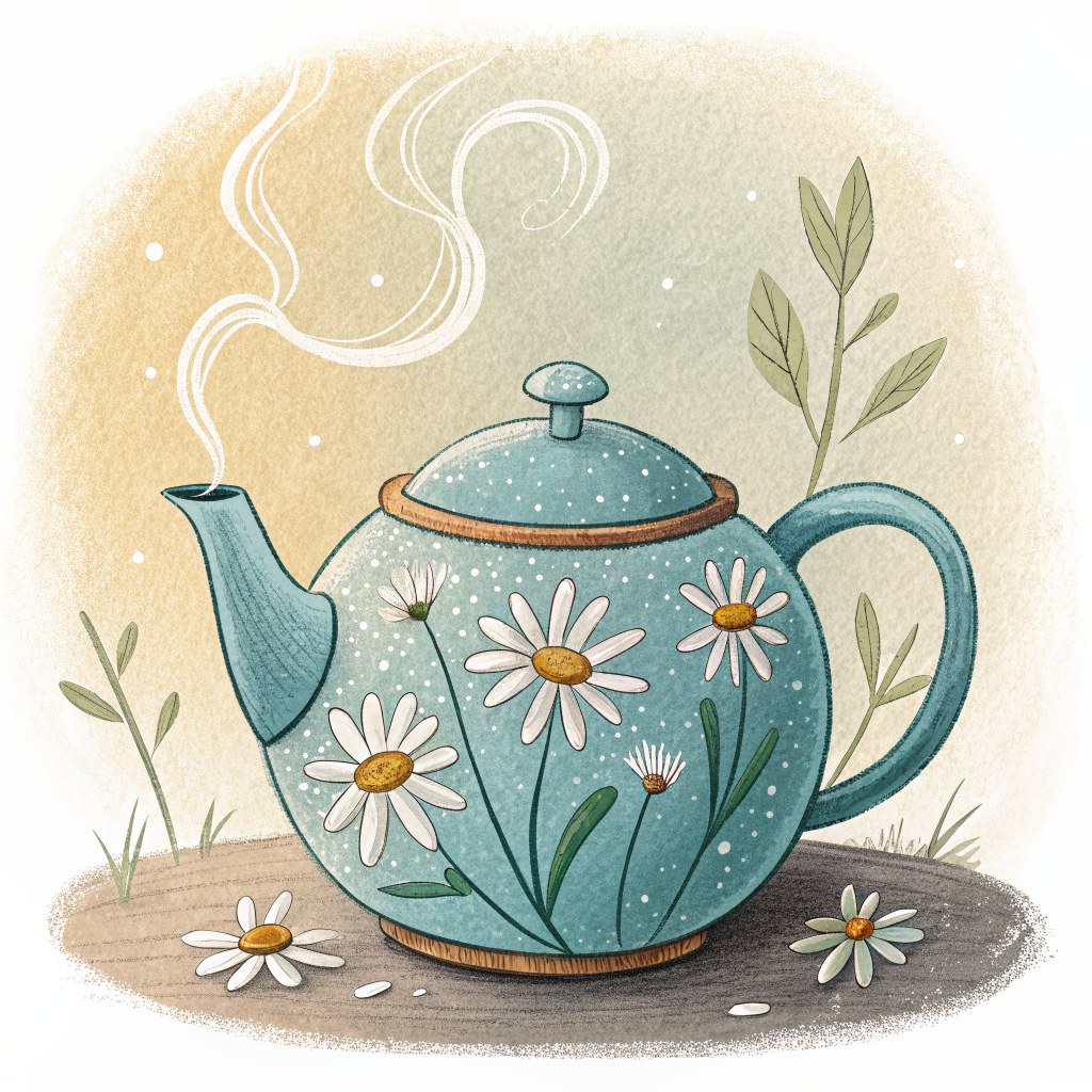 A small blue teapot painted with daisies, its cracked lid mended with a shining golden seam, steam curling gently upward