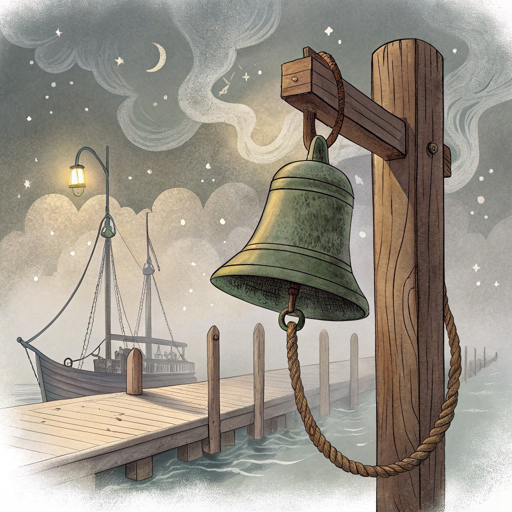 An old brass fog bell, green with age and round as a moon, mounted securely on a sturdy wooden post at the end of a dock