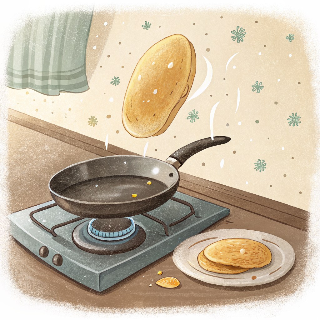 A frying pan on a stovetop with a single pancake flipping in the air above it