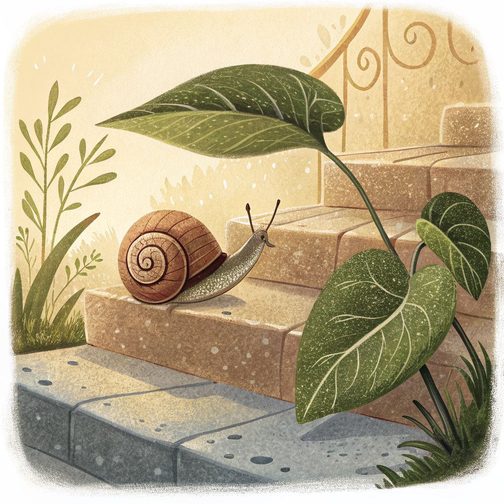 A single garden snail resting on a warm sunlit stone front step, a wide green leaf beside it