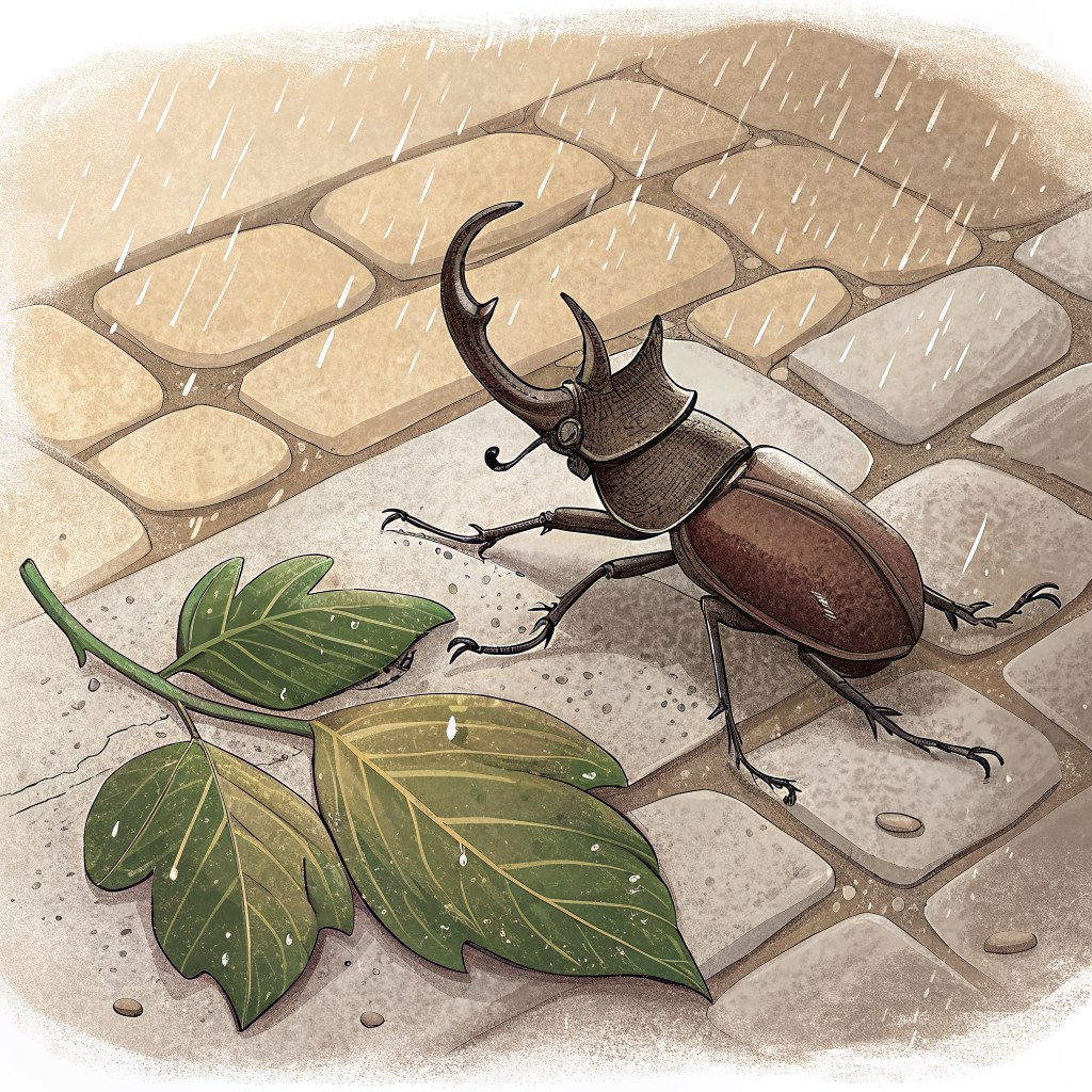 A large shining stag beetle on its back on a wet paving stone, legs in the air, a rain-beaded green leaf laid beside it
