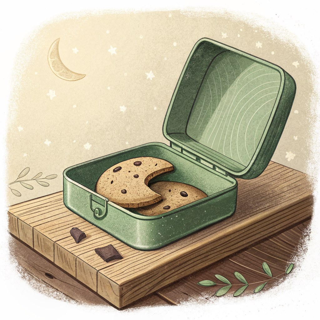 A green cookie tin open on a wooden shelf, one soft cookie inside with a curved bite missing from its edge