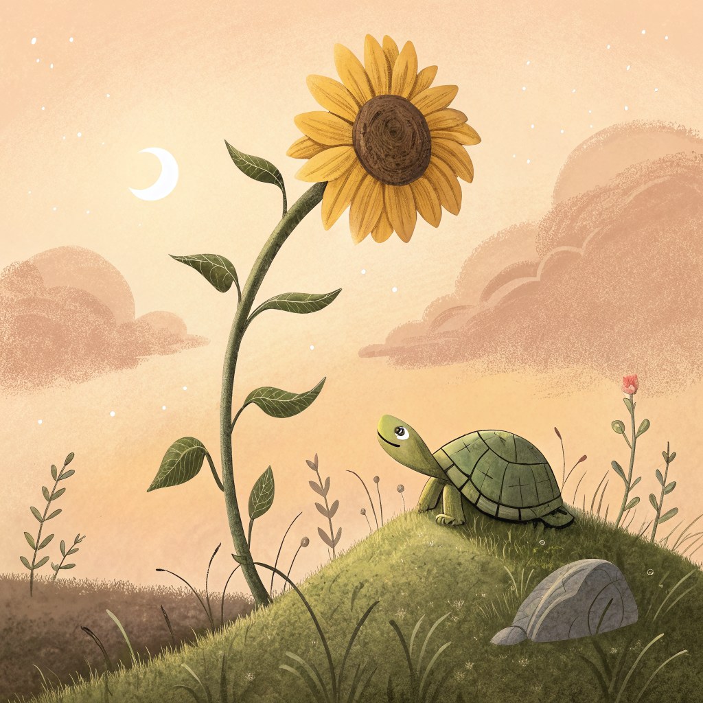 A tall sunflower nodding at the top of a small grassy hill, mossy turtle-shaped rock lower down, peachy sunset sky.