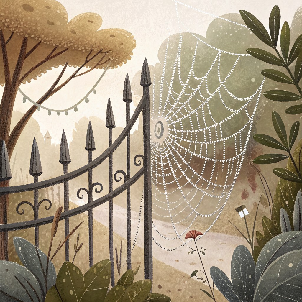 A dew-covered spiderweb on a garden gate, beaded with tiny water drops, wrapped in soft gray fog