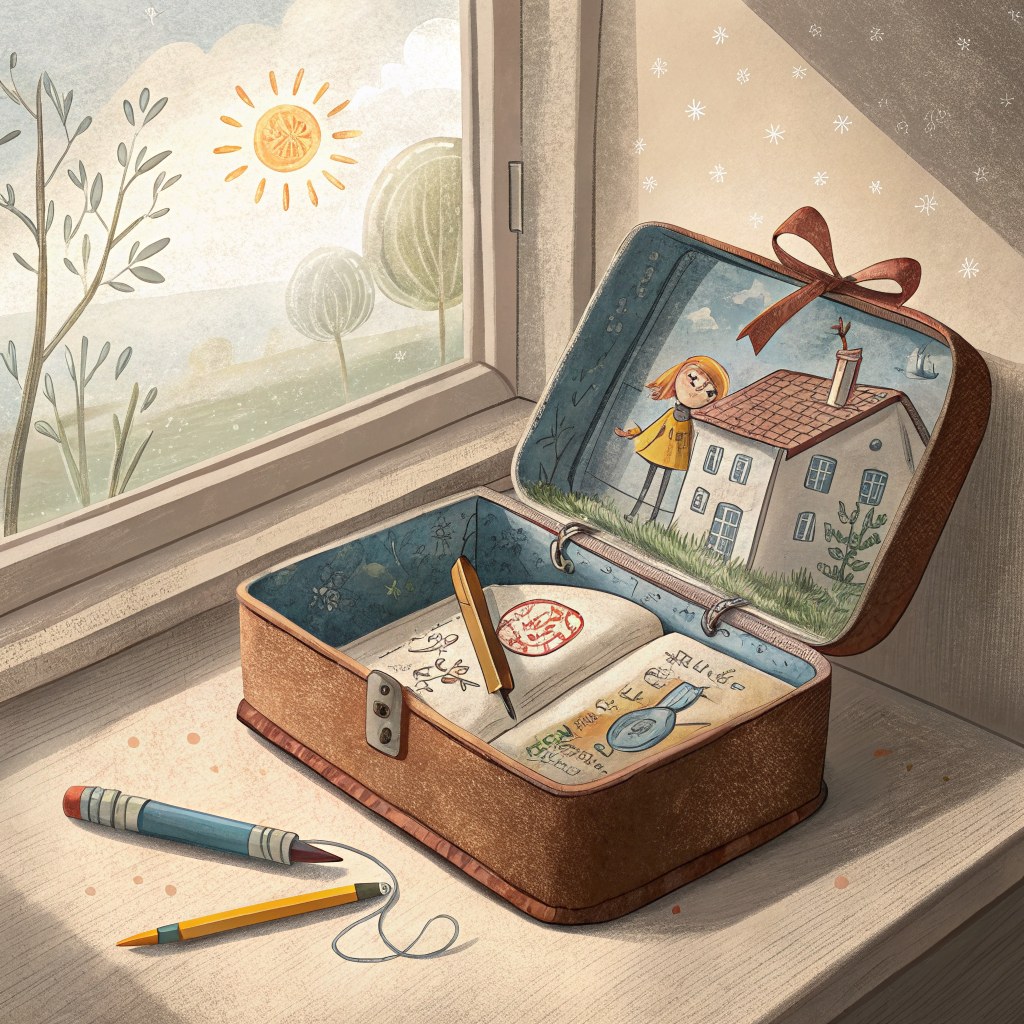 A rusted tin box open on a dusty windowsill, holding ribbon-tied letters, a stormy-blue marble, and a child's crayon dra