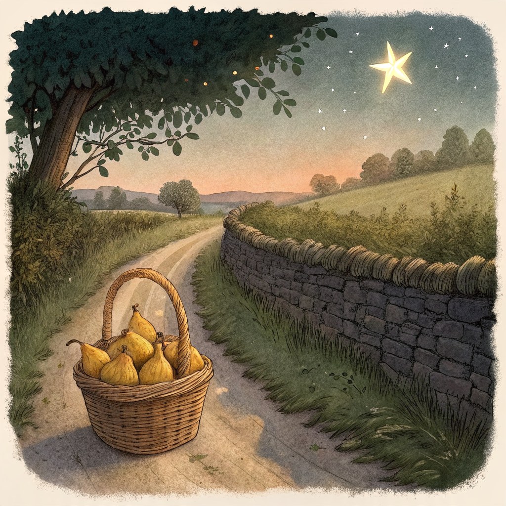 a small wicker basket full of ripe golden pears resting on a country lane at dusk, a low mossy stone wall behind, first 