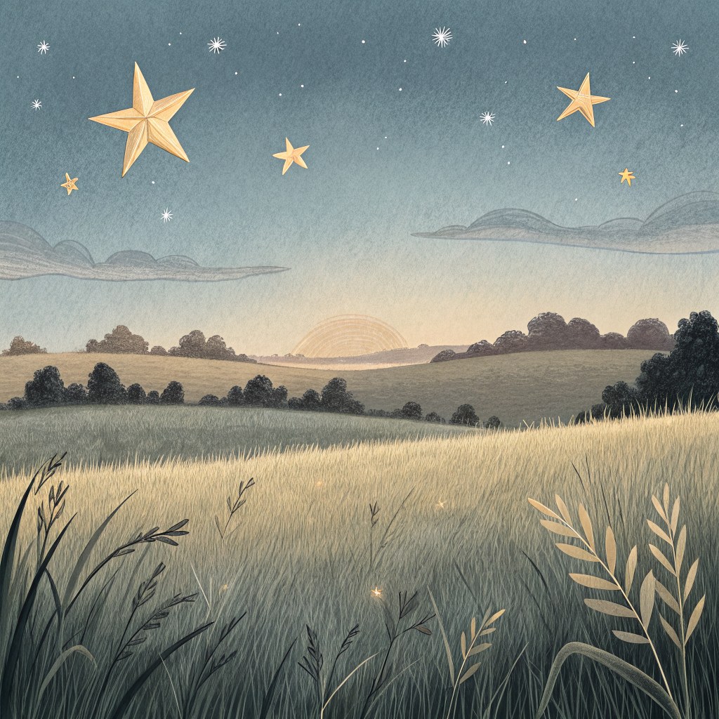 A wide dusk meadow of soft flattened grass under a graying blue sky with the first few stars appearing