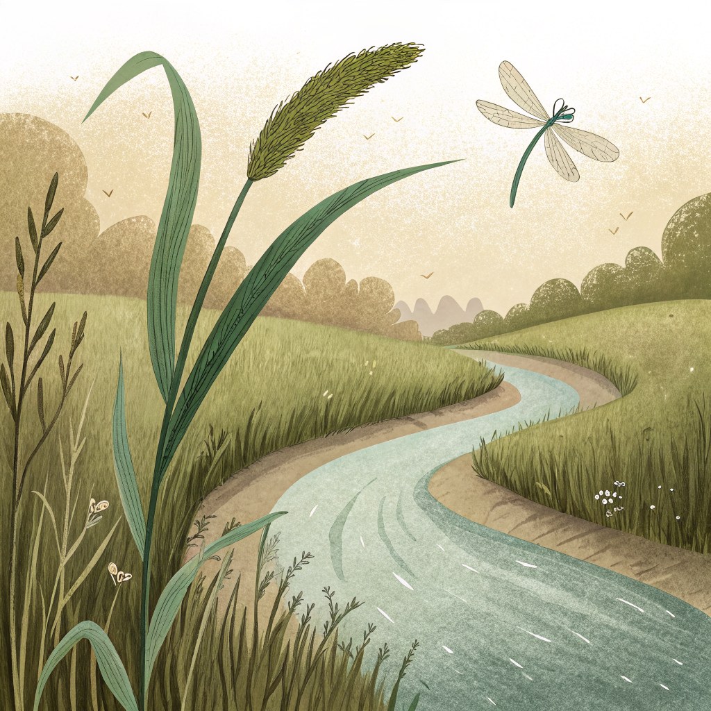 A single flat green grass reed held ready between thumbs above a slow creek, tall grass and a dragonfly nearby.