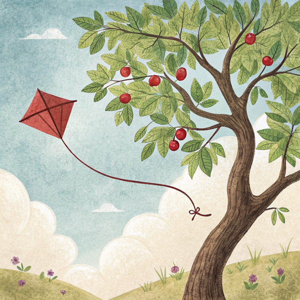 A little red kite fluttering high among the green leaves of a plum tree, its ribbon tail hanging down