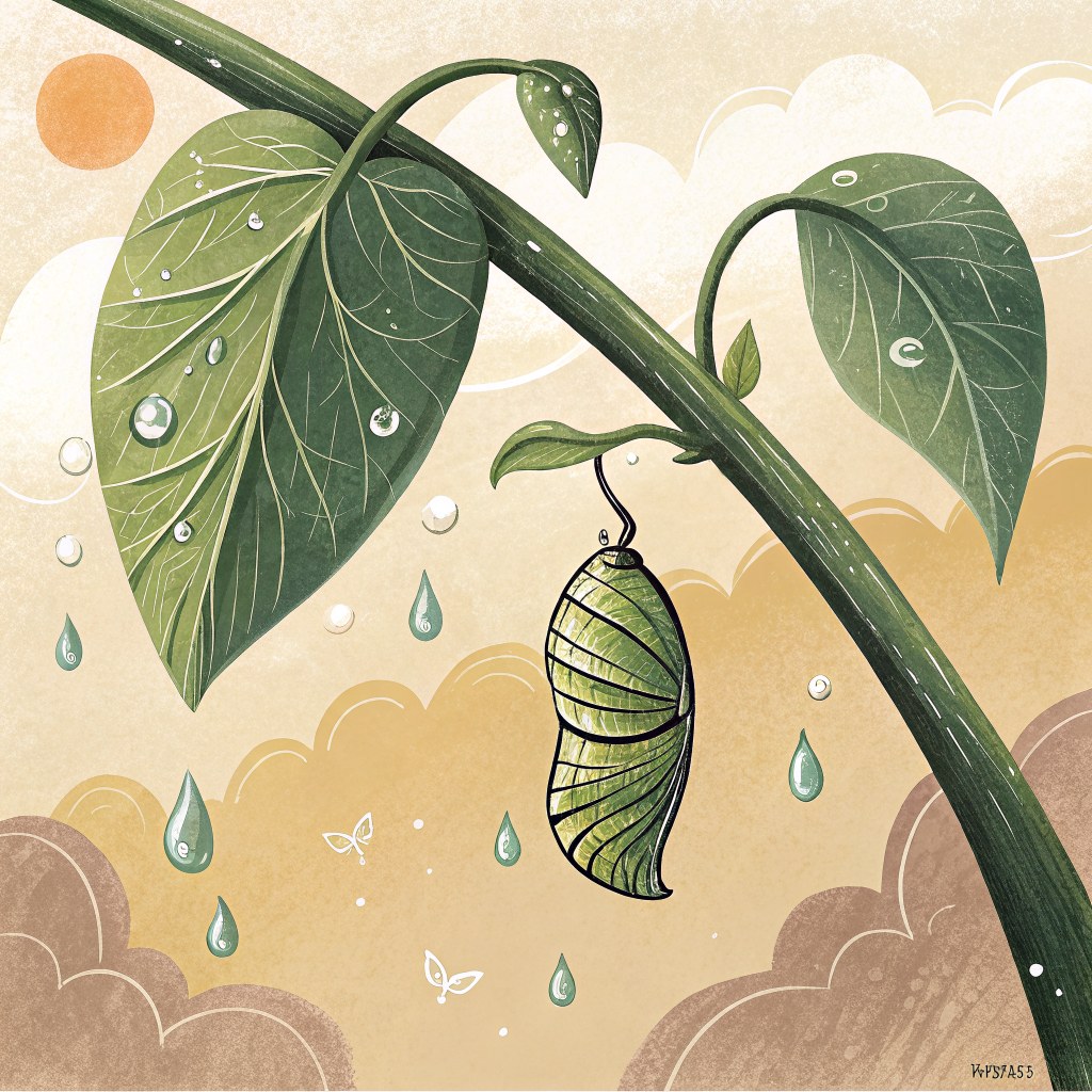 A small green chrysalis hanging beneath a bean leaf on a garden vine, dew drops sliding down its smooth curled side