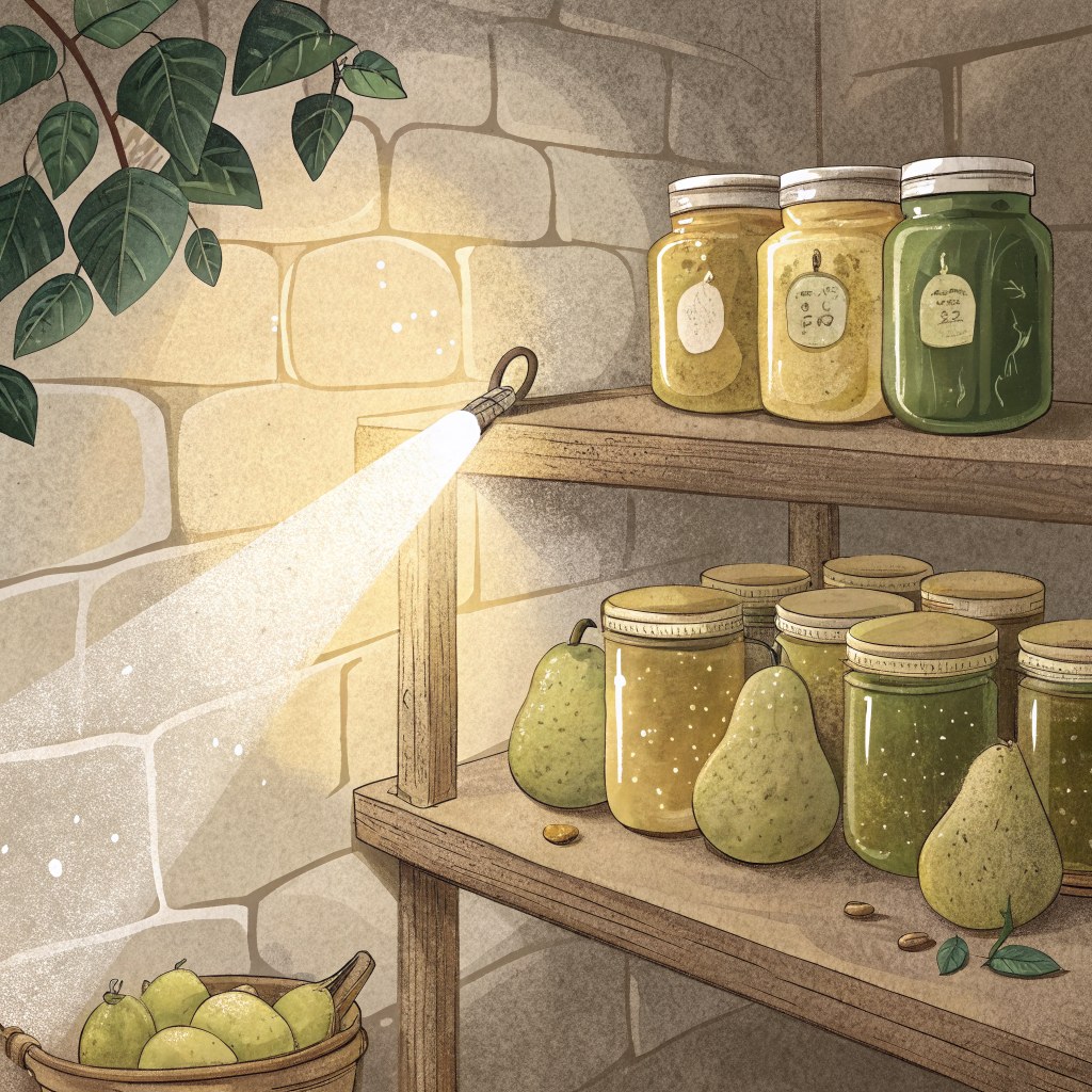 A dusty shelf of gold and green preserve jars in a stone cellar, one jar of pears at the front, lit by a flashlight beam