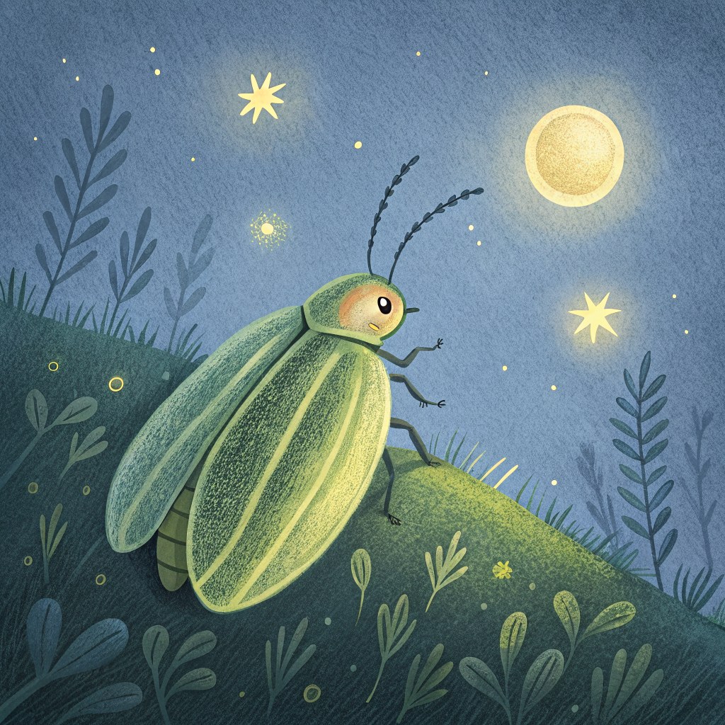 a close-up of a single firefly glowing green-gold in deep blue dusk