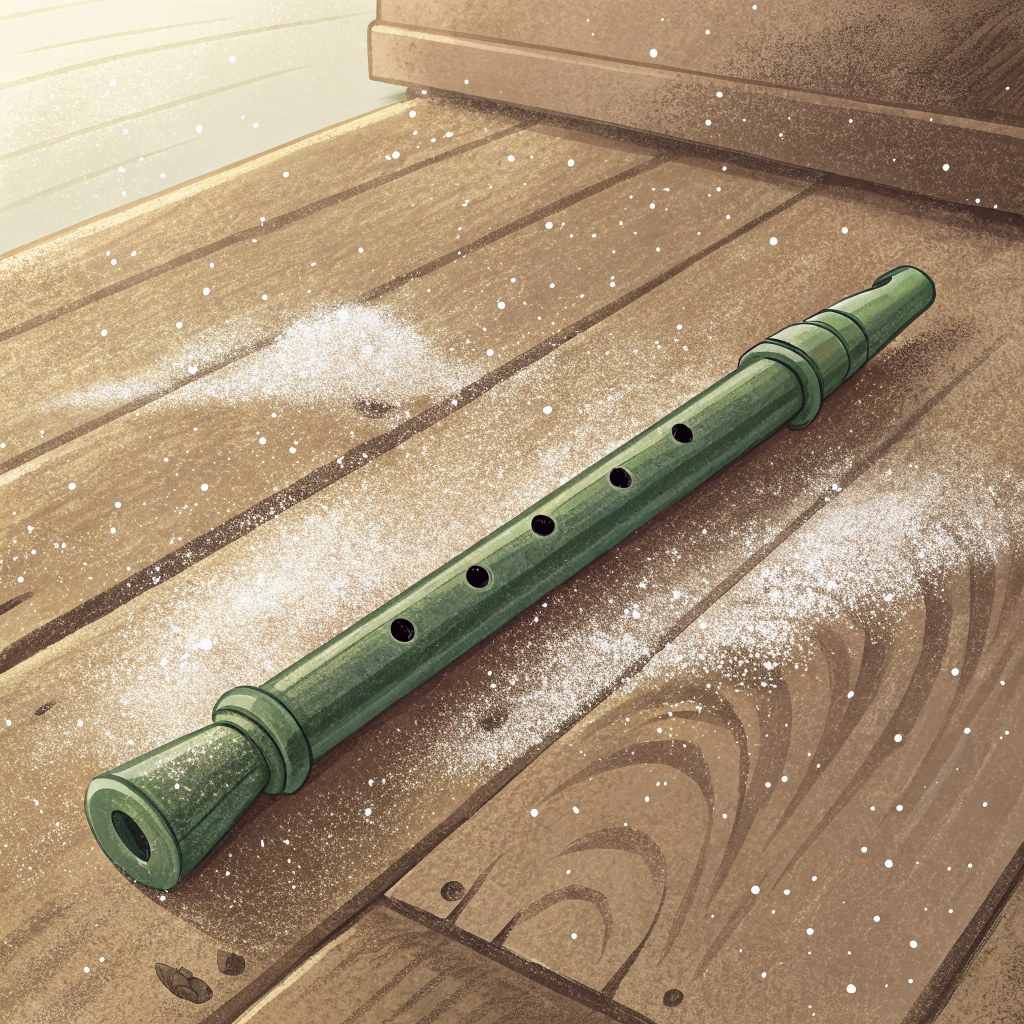 a close-up of a small green tin whistle resting on dusty wooden floorboards