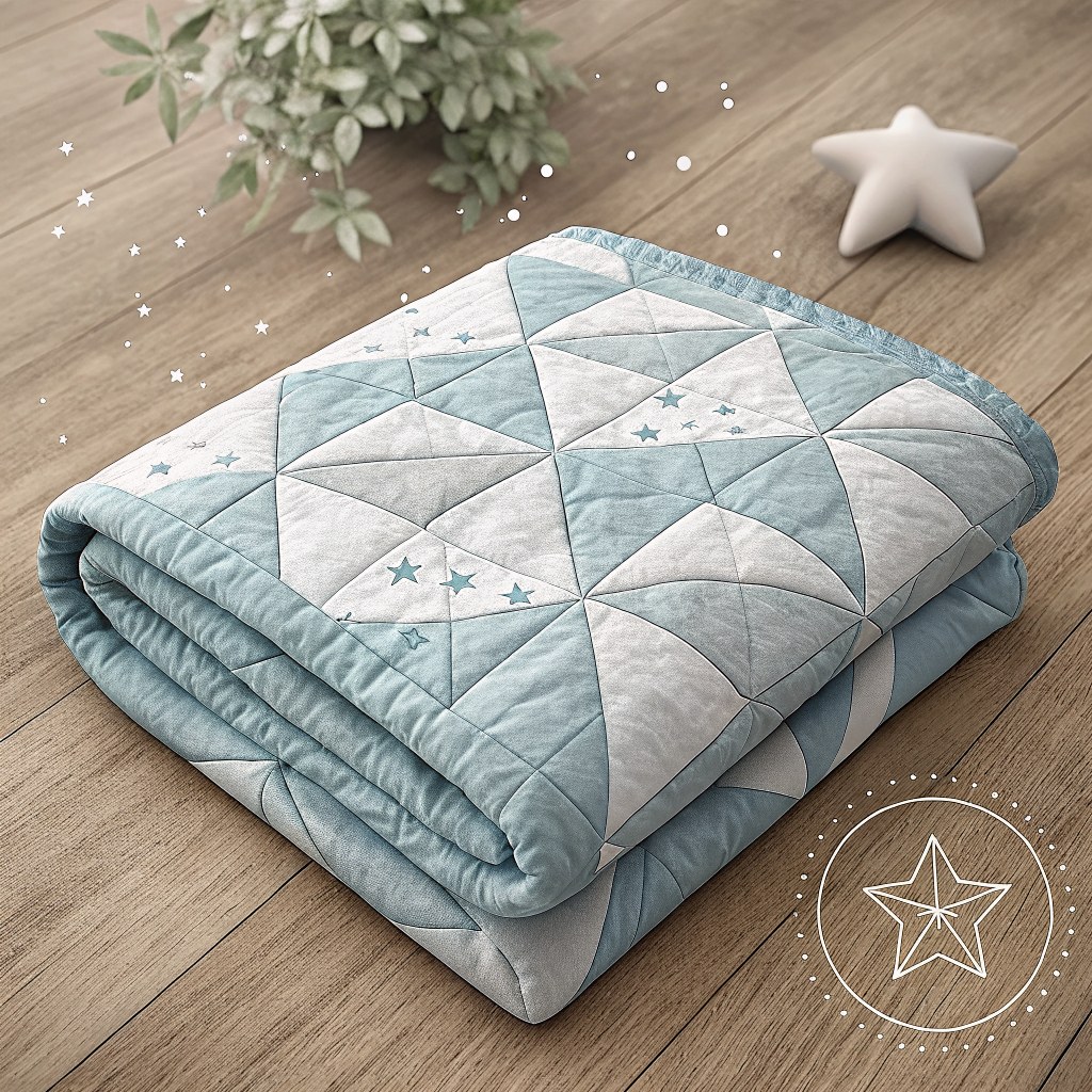 a close-up of a folded star-patterned quilt, pale gray-blue diamonds forming stitched stars, resting on a wooden floor