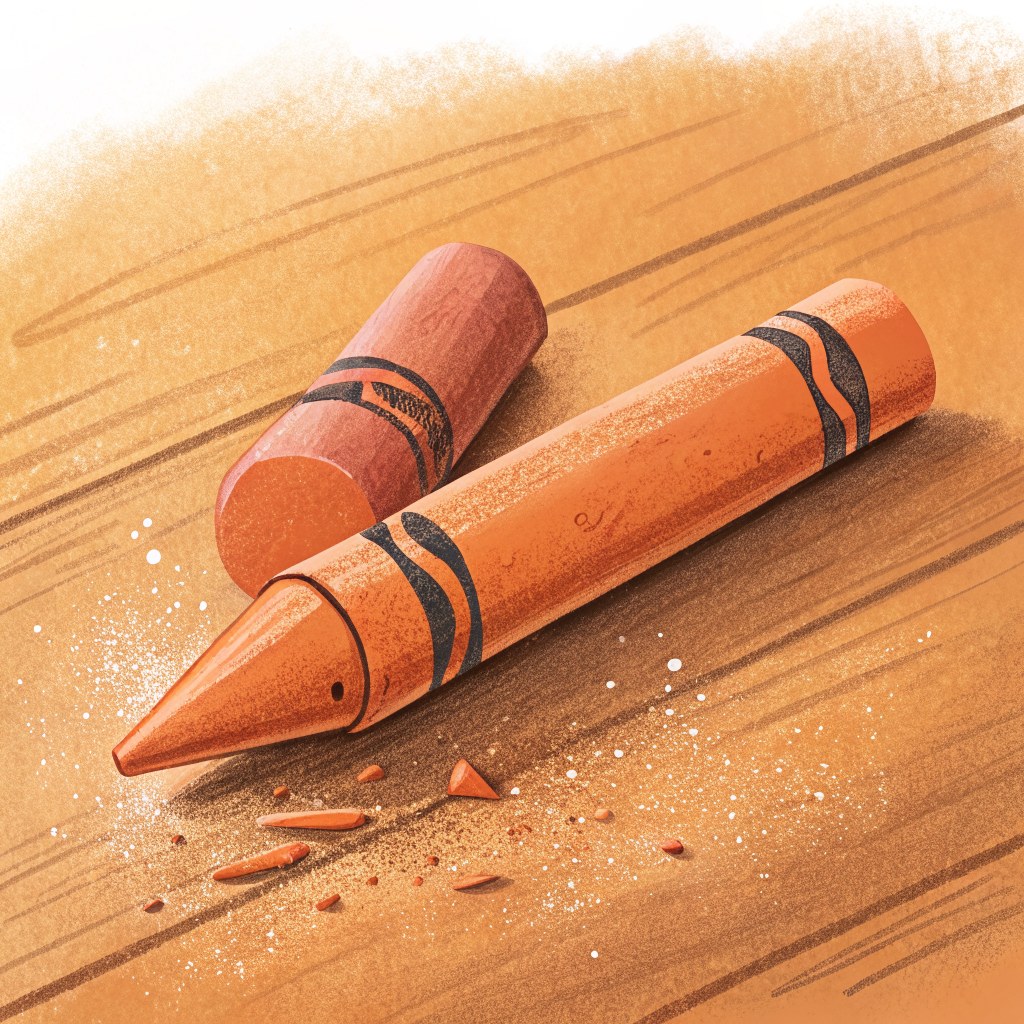 a close-up of a single plain orange wax crayon snapped into two halves, lying on a warm wooden tabletop, bare wax with n