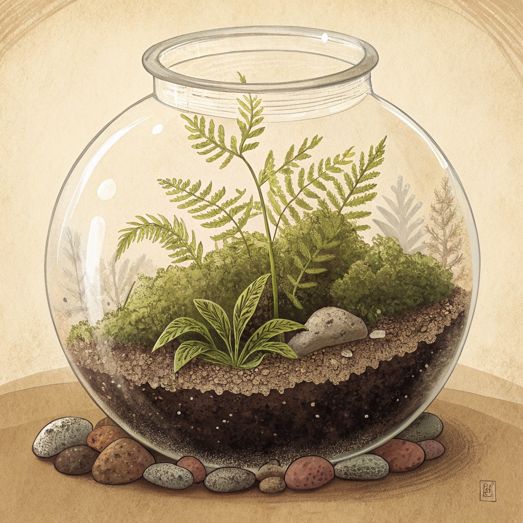 A close-up of a big round wide-mouthed glass jar, small stones resting at the bottom, dark soft soil above them, a littl