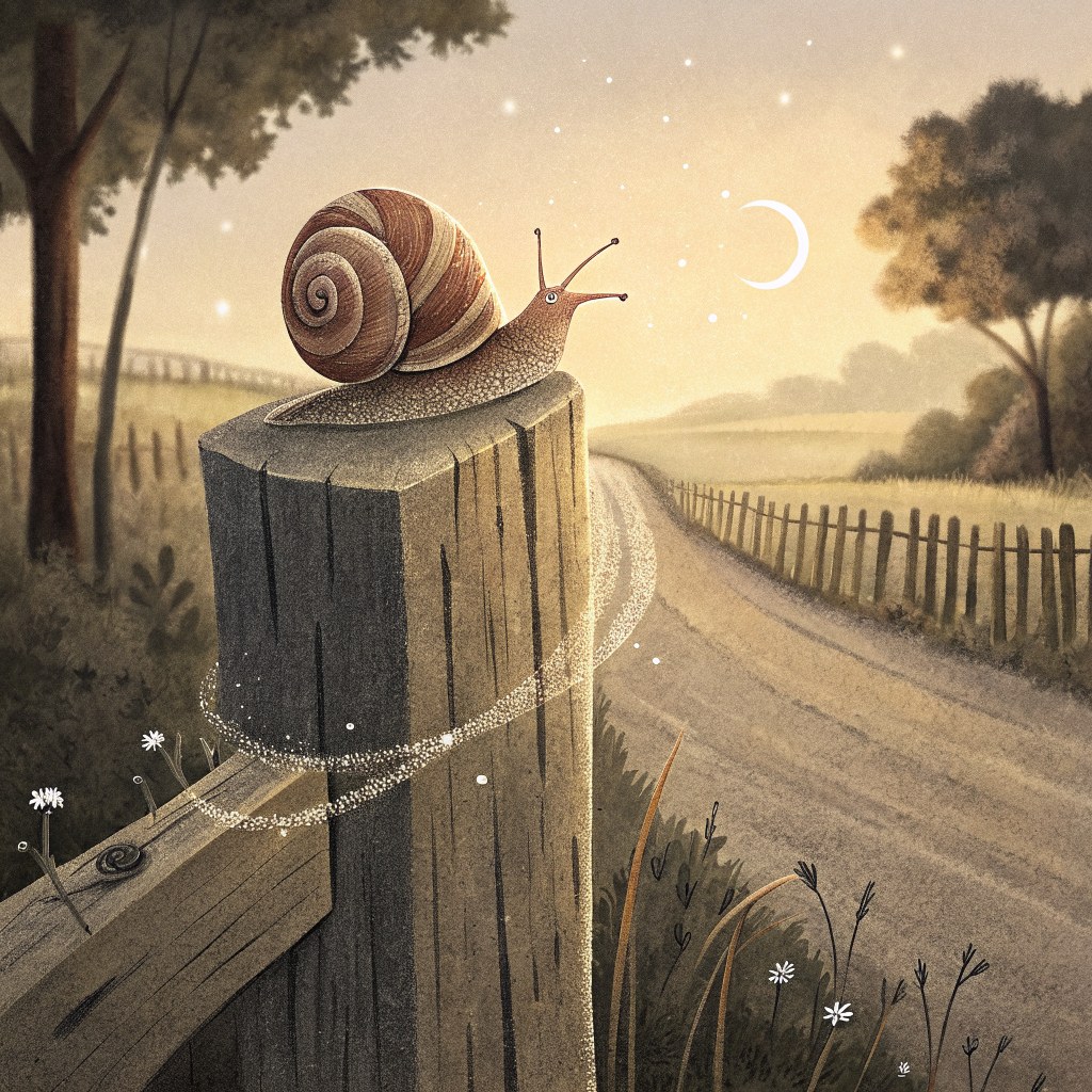 a close-up of a small snail climbing a weathered wooden fence post, a faint shiny trail behind it, soft gold evening lig