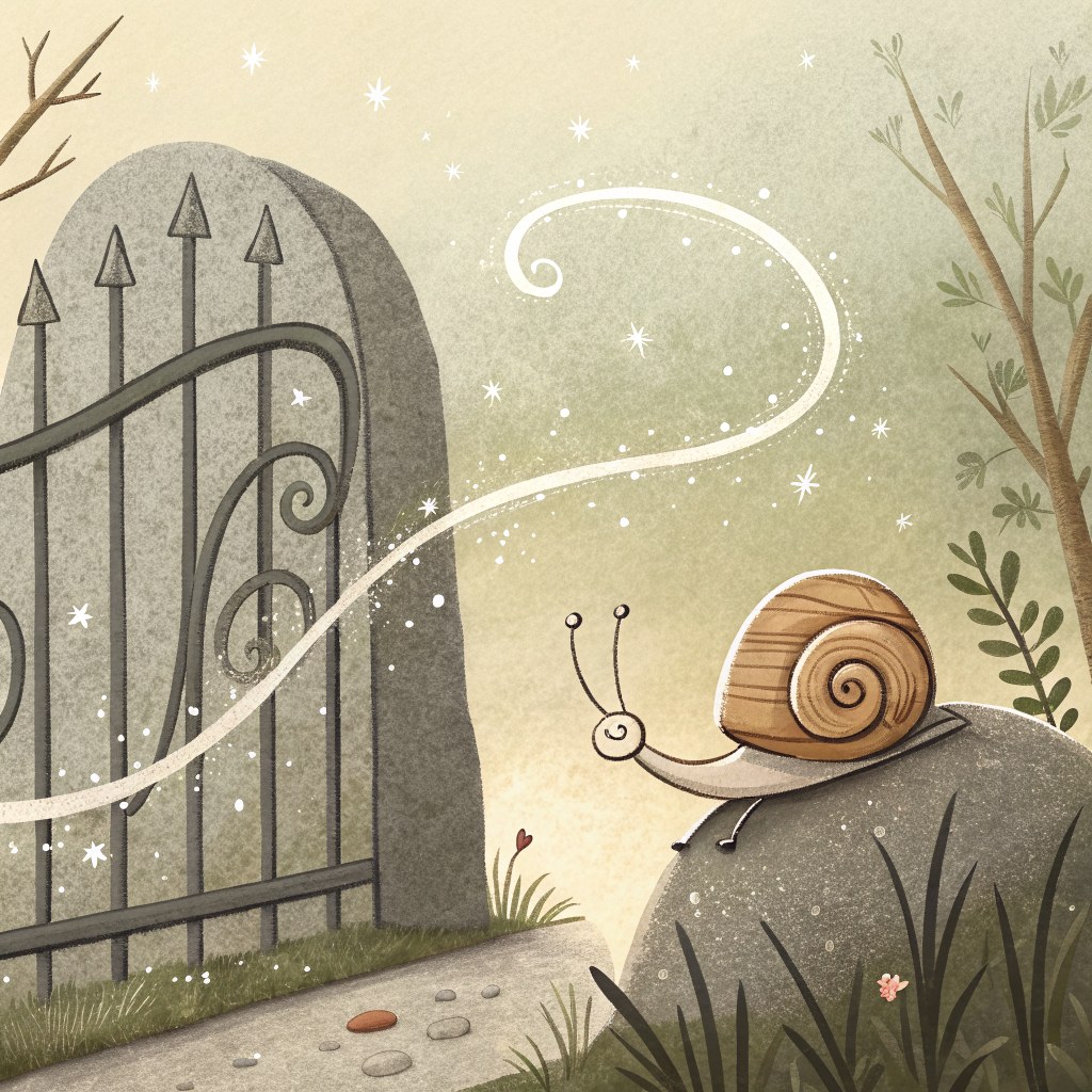 a close-up of a silvery snail trail curling across a grey gate stone, glinting in morning light