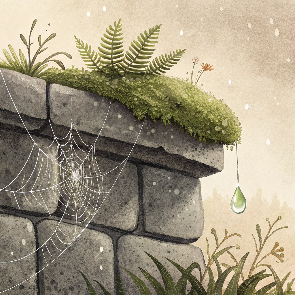 a close-up of an old gray stone wall top with a tuft of green moss, a small fern, and a dewdrop hanging on a spiderweb t