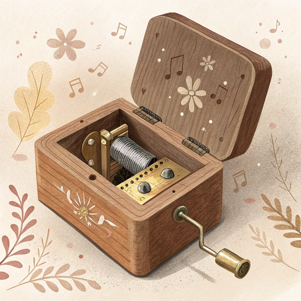 a close-up of a little wooden music box with a brass winding key, lid open to show the tiny comb and spinning barrel