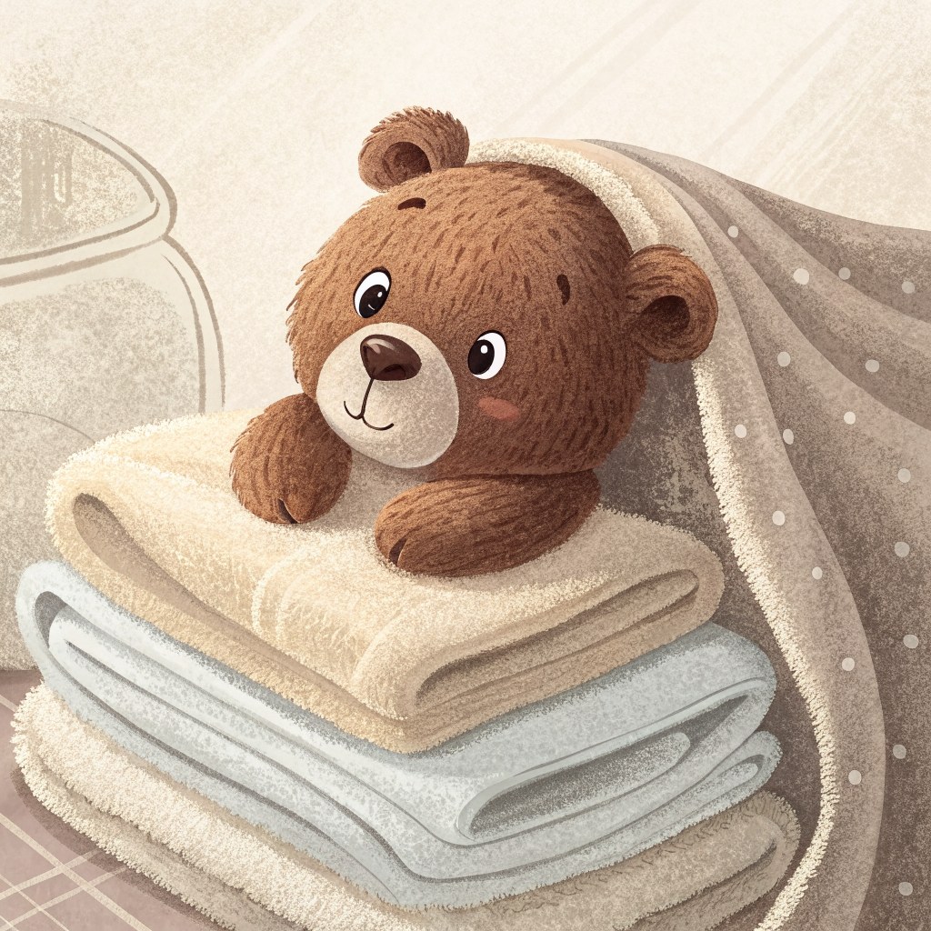 a close-up of a little velvet bear nestled in soft folded towels