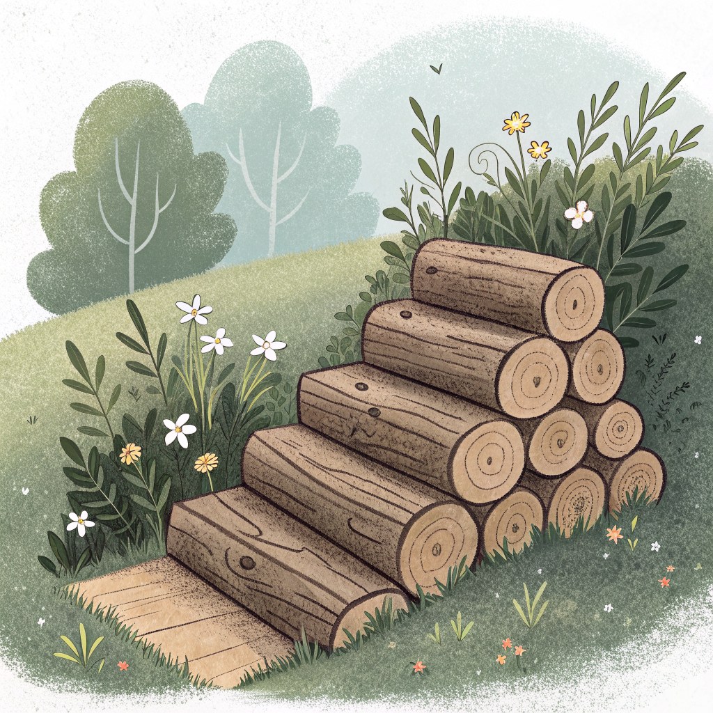 a woodpile of stacked logs like a little stair, in cool shade at the garden's edge