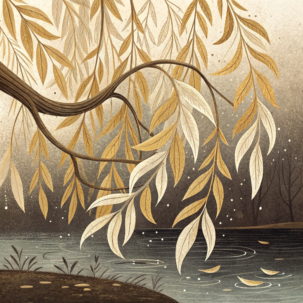 a close-up of a weeping willow branch heavy with pale gold ribbon-leaves, a few loose leaves drifting on dark still wate