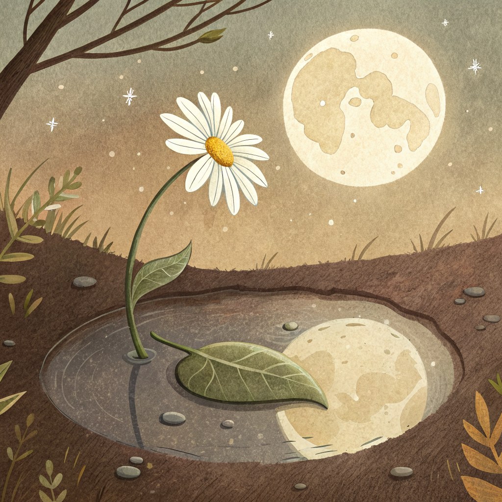 a close-up of a small garden puddle holding the moon's reflection, with a single floating leaf and a daisy on the water