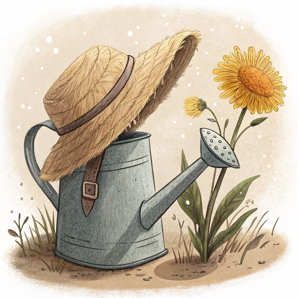 a close-up of a floppy straw scarecrow's hat drying on top of an upside-down watering can, a bright dandelion tucked nea