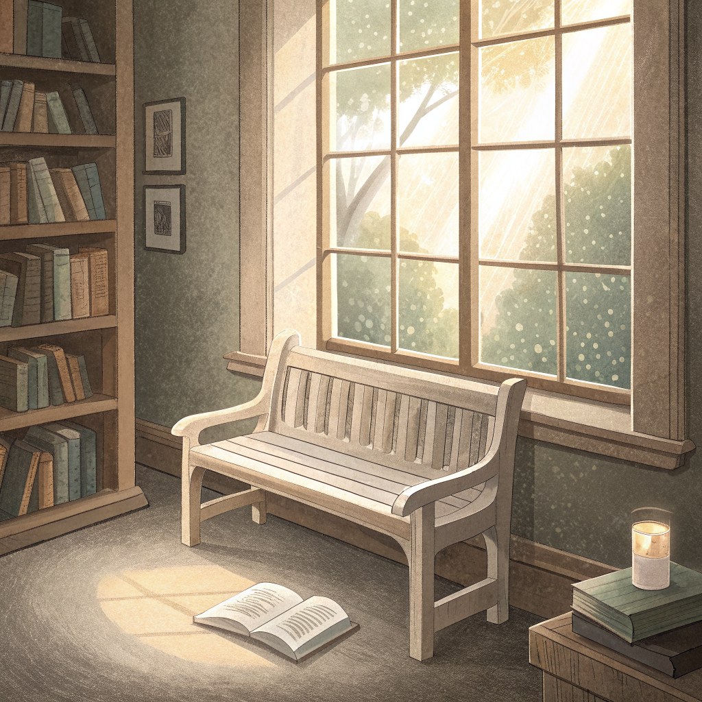 a close-up of a small pale new wooden bench beneath a tall library window, soft dusk light across the fresh grain