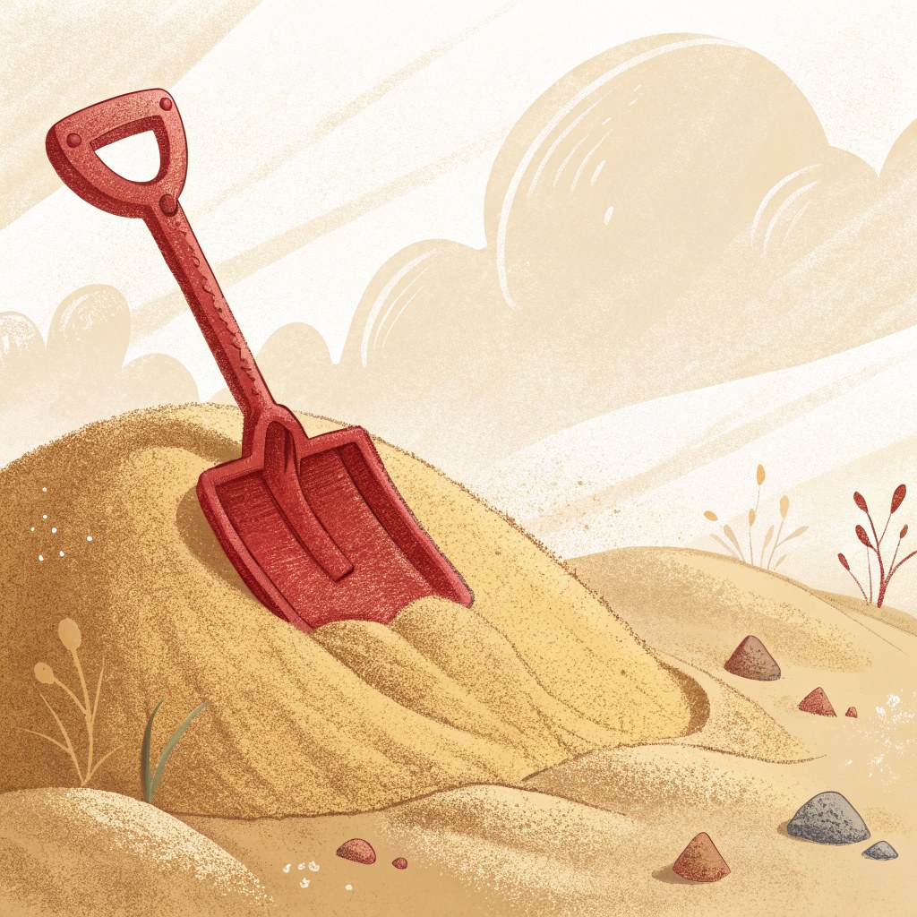 a close-up of a little red toy spade resting on a mound of golden sand