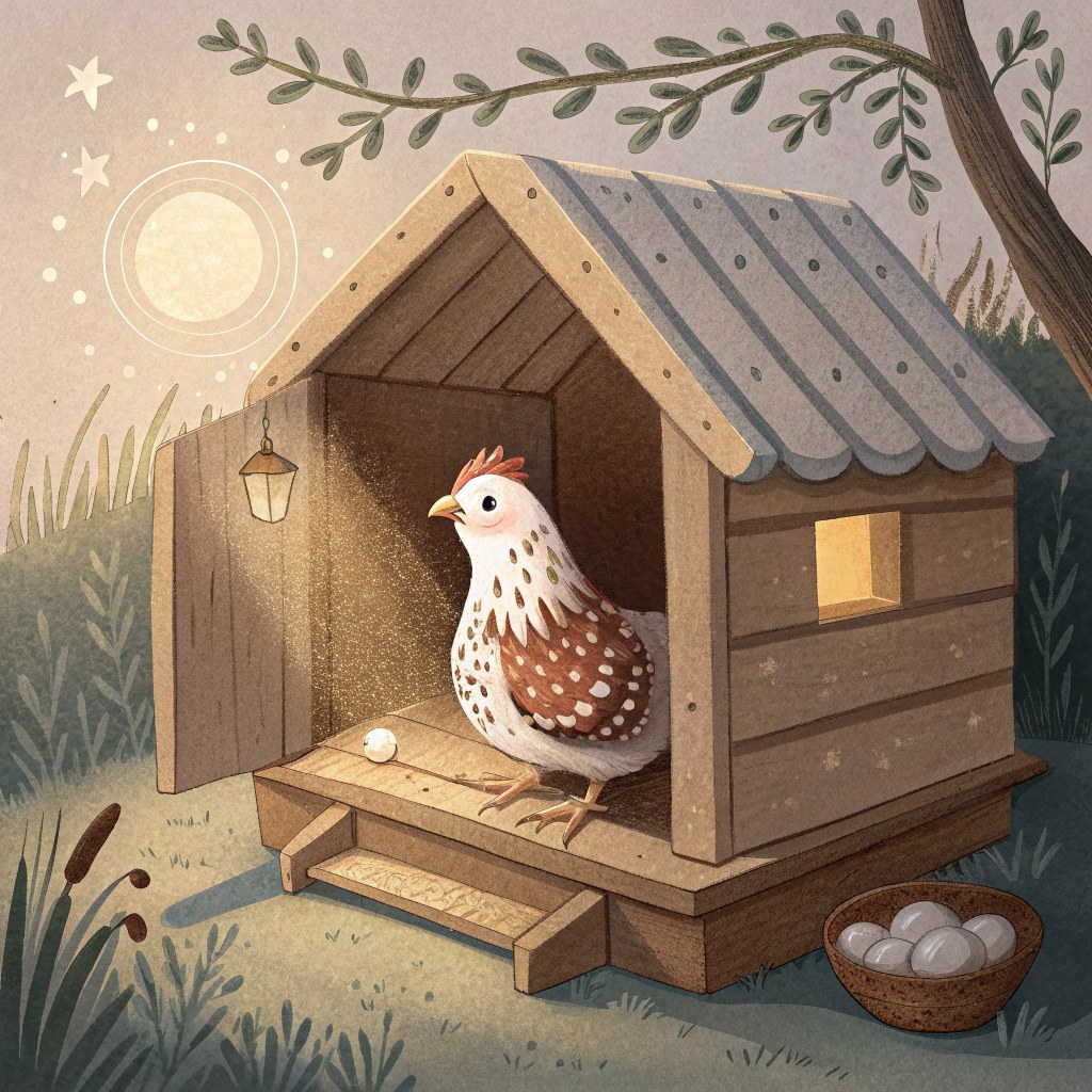 a small speckled hen settled on a low wooden perch in a cosy coop at dusk