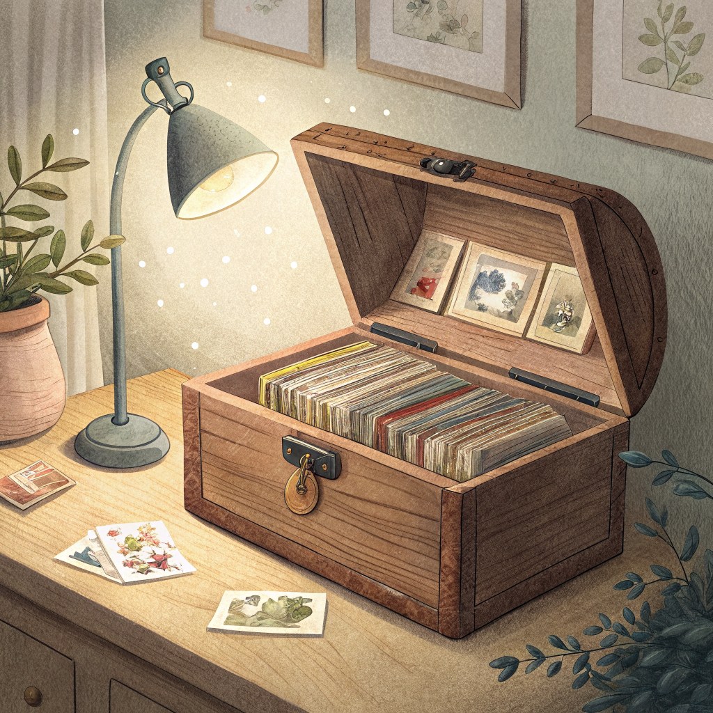an open wooden keepsake box packed with rows of old postcards, on a desk in lamplight
